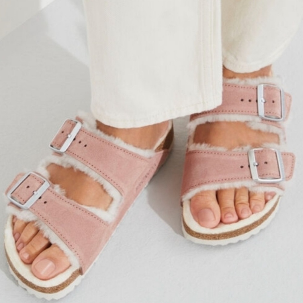 BIRKENSTOCK x Free People Arizona 5 Pink Suede Genuine Ivory Shearling Sandals